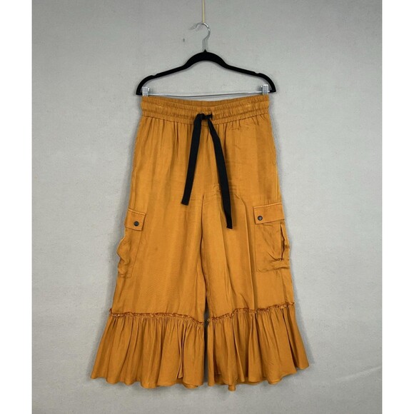 Cinq à Sept Pants - Cinq a Sept Pants Womens Medium Mustard Nuluu Bow Ruffle Tiered Cargo Wide Leg
